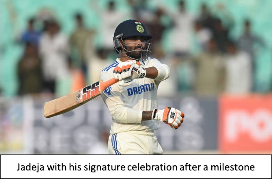 jadeja with his signature celebration after a milestone