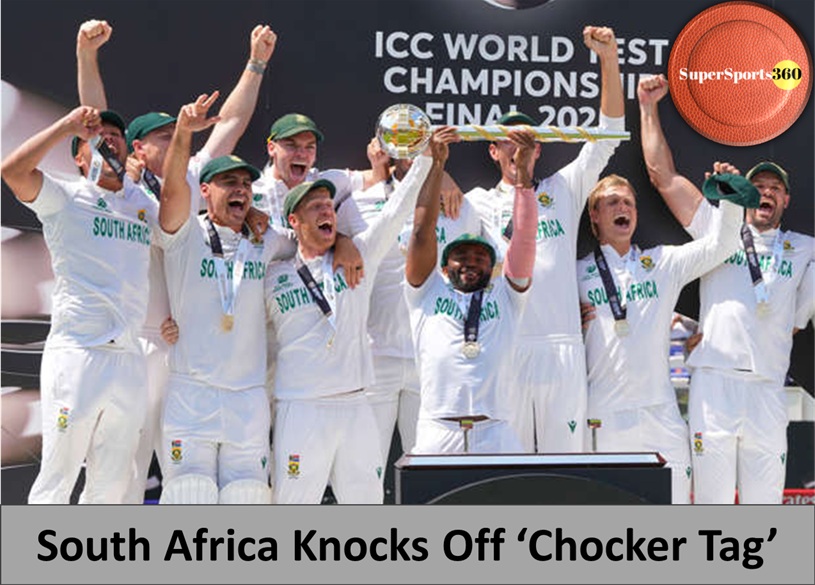 South Africa’s captain, Temba Bavuma, lifts the ICC mace as teammates celebrate winning the World Test Championship final at Lord’s